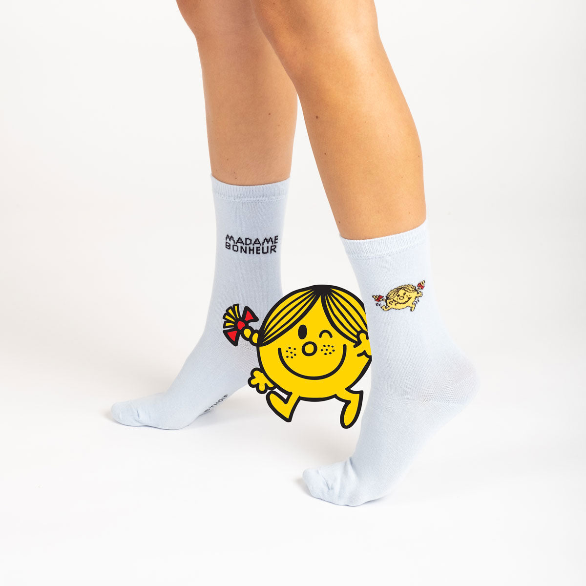 Chaussettes madame monsieur - Madame Bonheur portées et personnage jaune